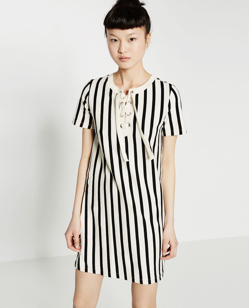 STRIPED DRESS WITH CORDS