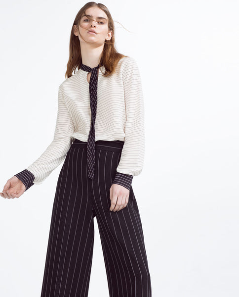 STRIPED BLOUSE WITH CONTRAST BOW