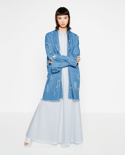 RIPPED DENIM DUSTER COAT