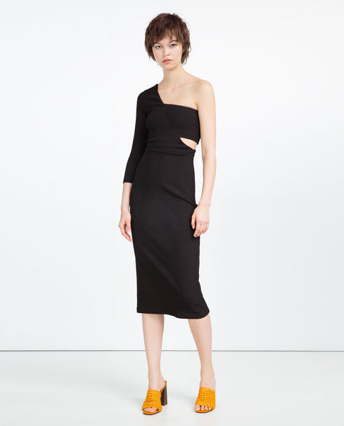 MIDI ASYMMETRIC RIBBED DRESS